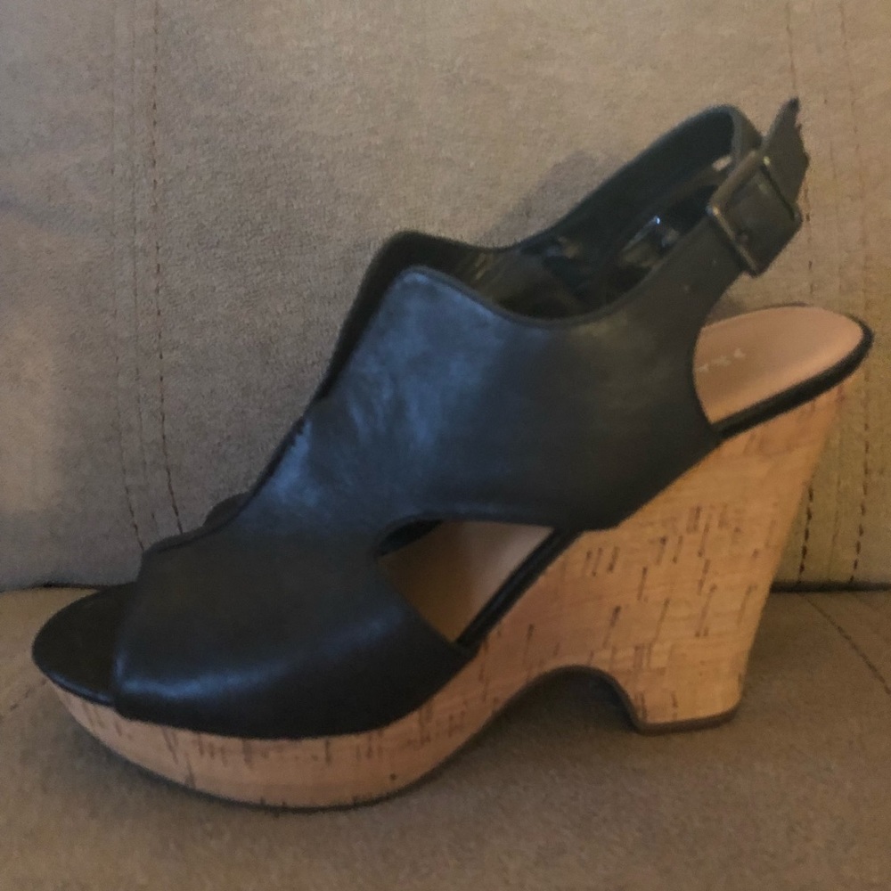 Black Leather Franco Sarto Cork Wedges